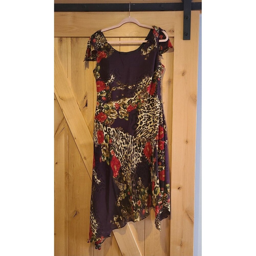 Womens Size L Purple Cheetah Floral Asymmetric Maxi Dress Cap Sleeve